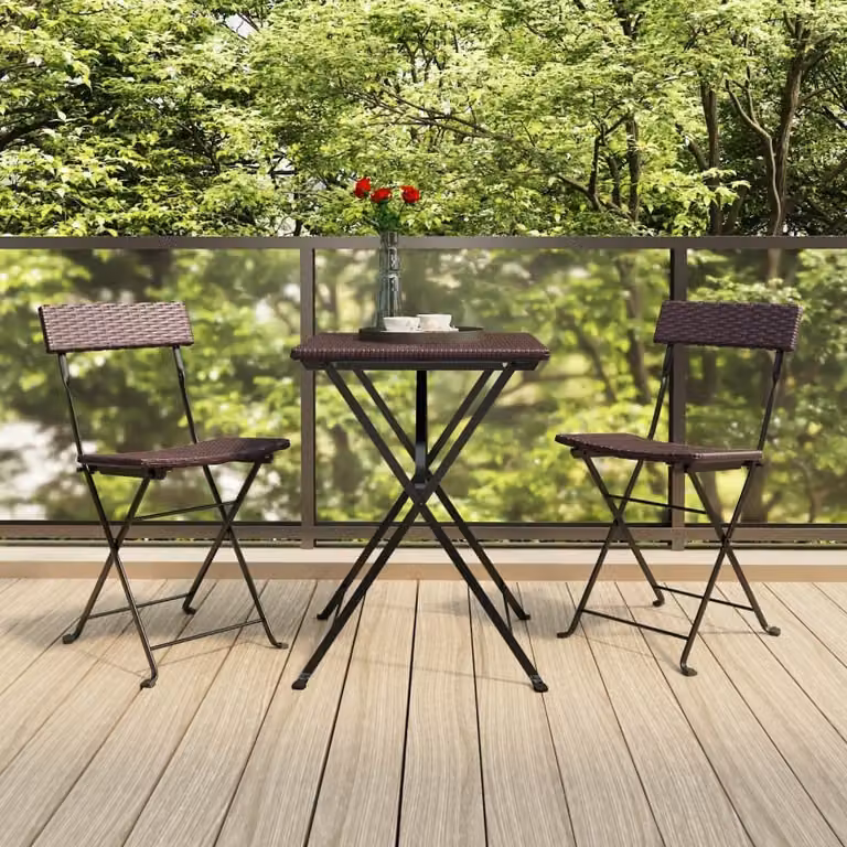 The Living Store Set da 3 pz. Set da bistrot pieghevole in Poly Rattan marrone