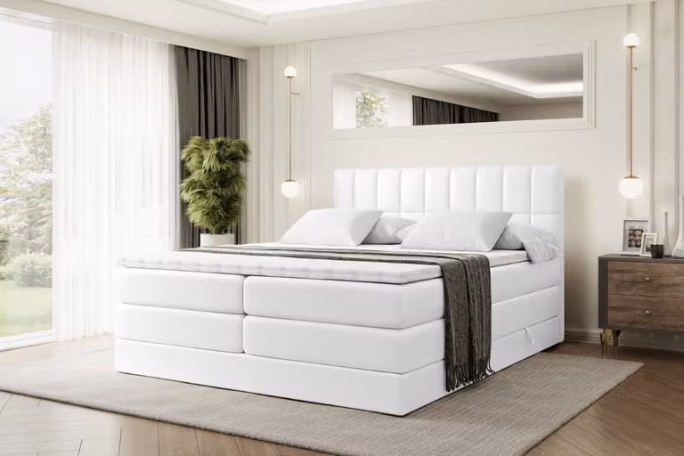 Letto boxspring ALTDECOR con 2 materassi e topper - 140x200 cm - MIAMI KING - Pelle finta bianca - Letto imbottito con materassi H3 e H4, contenitore e rete a doghe, letto con spazio contenitivo