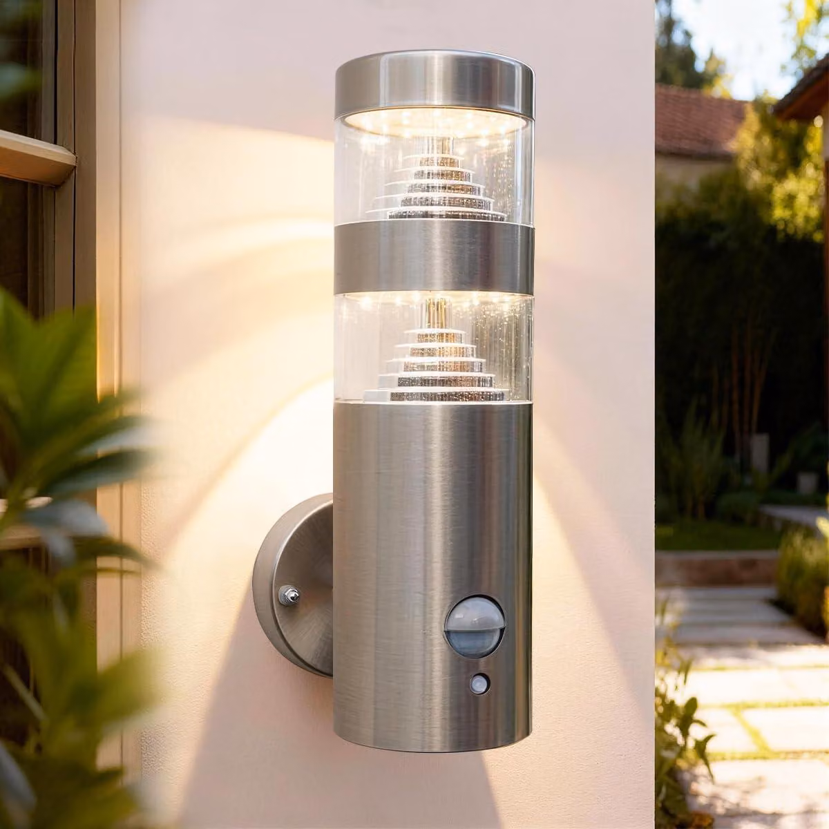 Lampada da parete esterna a LED con sensore PIR, in acciaio inossidabile, 3000K, 9,5W, grado di protezione IP44