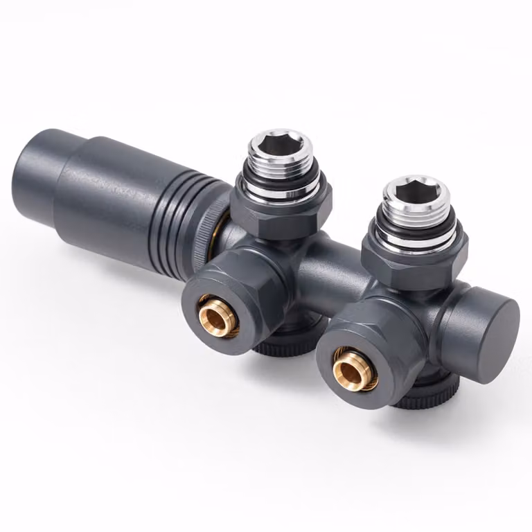 S'AFIELINA Set di raccordi per radiatori Set multiblock per radiatori 15mm/16mm, antracite, ottone, filettatura G 1/2", per installazione ad angolo e in forma diritta