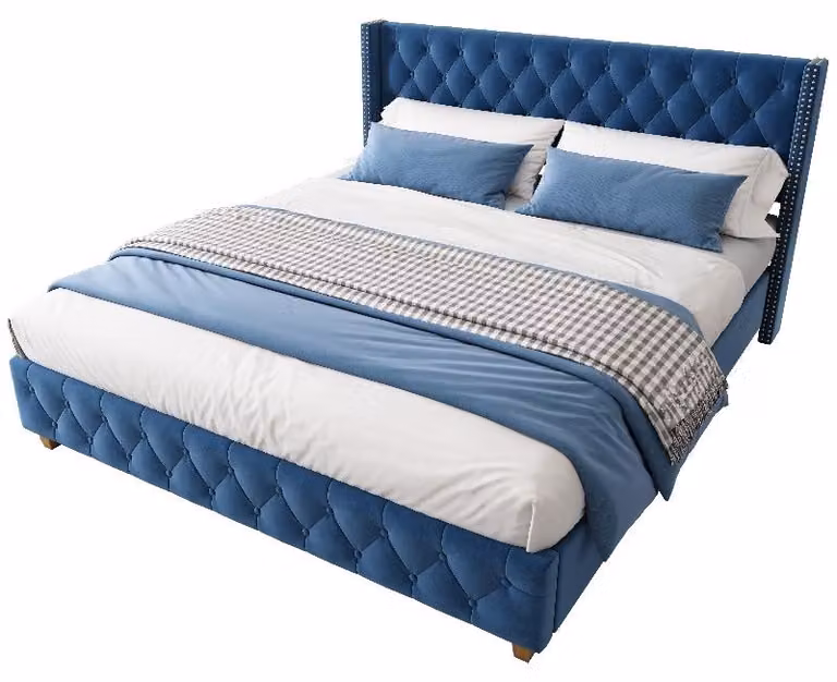 Letto imbottito 160x200 cm, colore blu, con rivestimento in velluto, testiera e rete a doghe, ideale per la camera da letto
