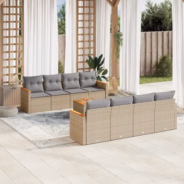 vidaXL Set Divano da Giardino a Forma di U in Polyrattan 9 Pezzi con Cuscini Beige e Grigio e Tavolino da Caffè