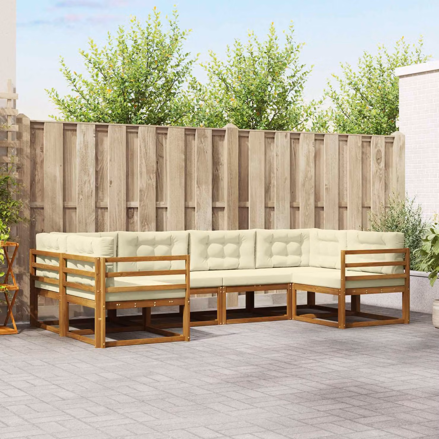 Set di divani da esterno vidaXL a forma di L composto da 6 pezzi in legno di acacia con cuscini beige e marrone