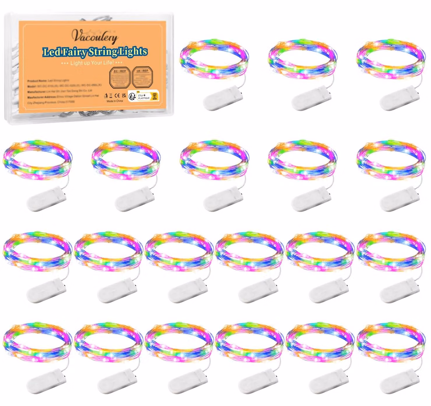 Catena luminosa a LED, 20 elementi, 1 metro, filo di rame, 10 LED, multicolore