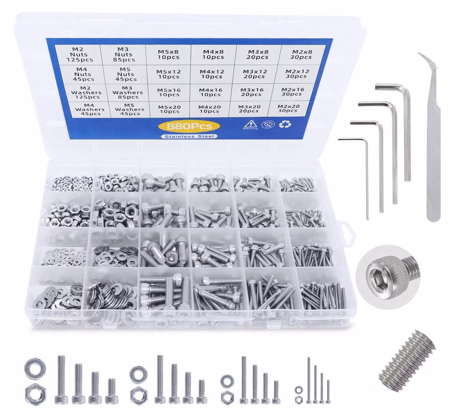 Set di assortimento di viti da 1080 pezzi, completo di dadi e rondelle
