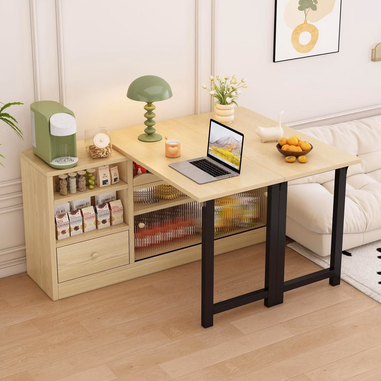 Tavolo pieghevole da pranzo con spazio contenitivo, tavolo da cucina allungabile, con cassetto, ripiani, in legno, 120x75 cm