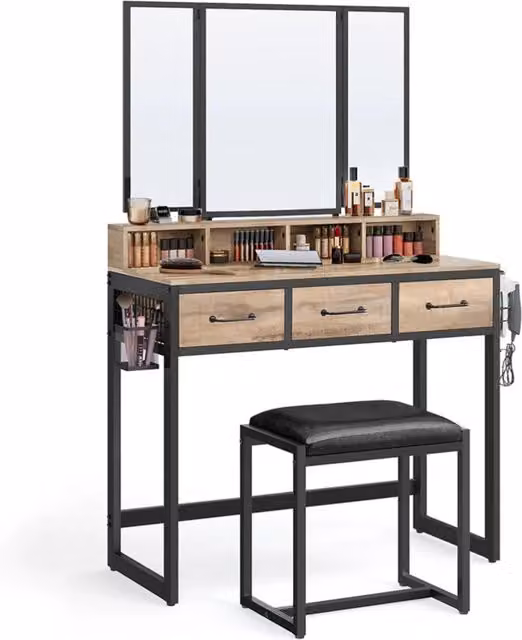 Set da toeletta con sgabello 40 x 90 x 141 cm imbottito con triplo specchio 3 cassetti portaphon e contenitore portaoggetti. Stile industriale marrone rustico e nero. 12_0005420