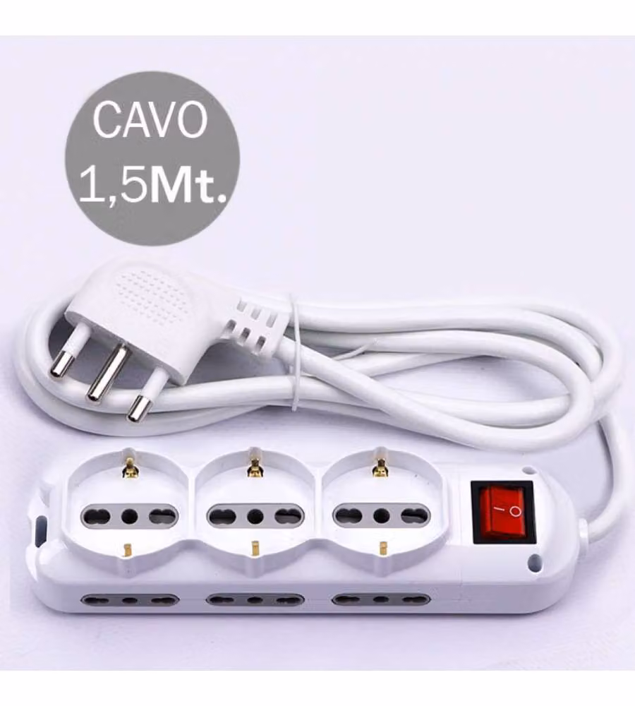 Multipresa V-TAC Bianca con Cavo da 1,5 m, 6 Prese Laterali e 3 Prese Frontali Schuko con Interruttore, 10/16A 2P+T