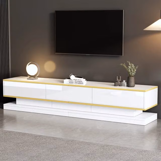 Mobile TV 200x40x40 cm con 3 cassetti; finitura lucida; truciolato bianco con bordo dorato