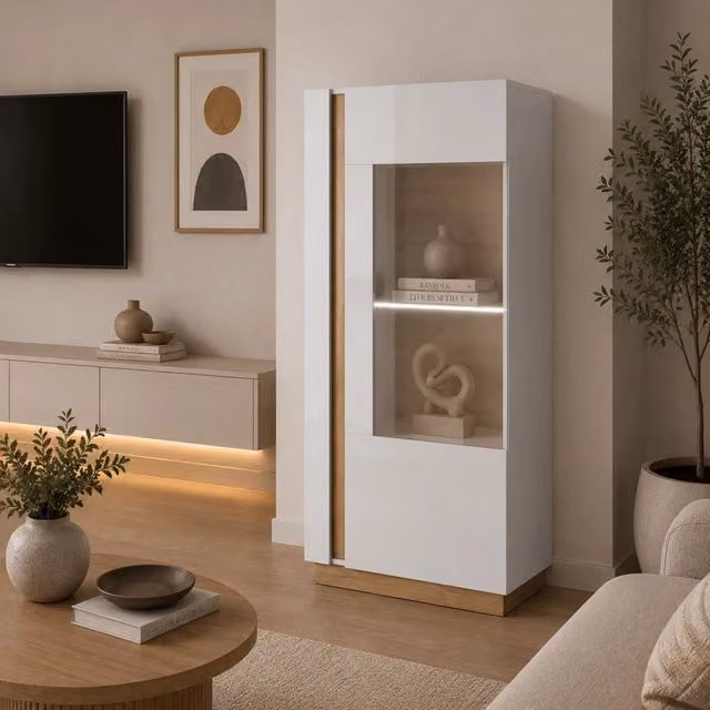 Mobile Espositore Kato, Vetrina 2 Ripiani, 72x40x154h cm Bianco Lucido