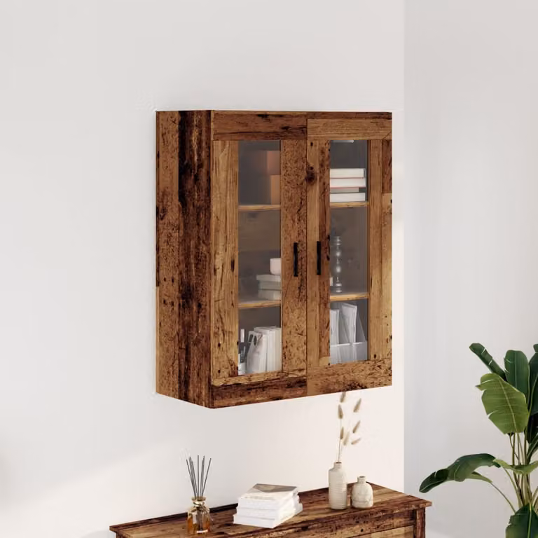 Mobile a parete vidaXL in legno antico e vetro con ante in vetro e ripiani interni, marrone, L: 69,5 cm, P: 34 cm, H: 90 cm