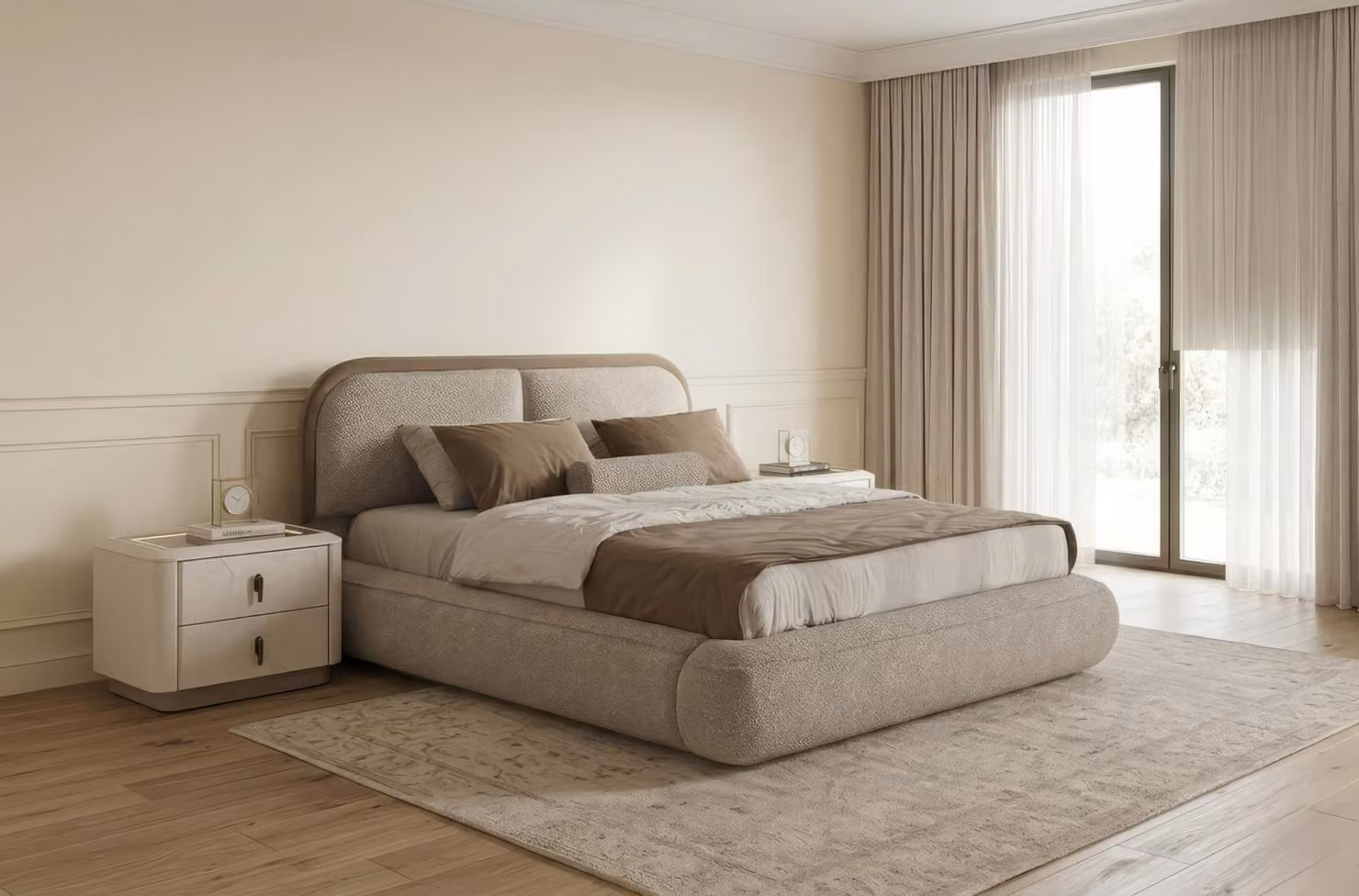 Set per camera da letto: letto, comodini, design moderno, beige, lussuoso, imbottito