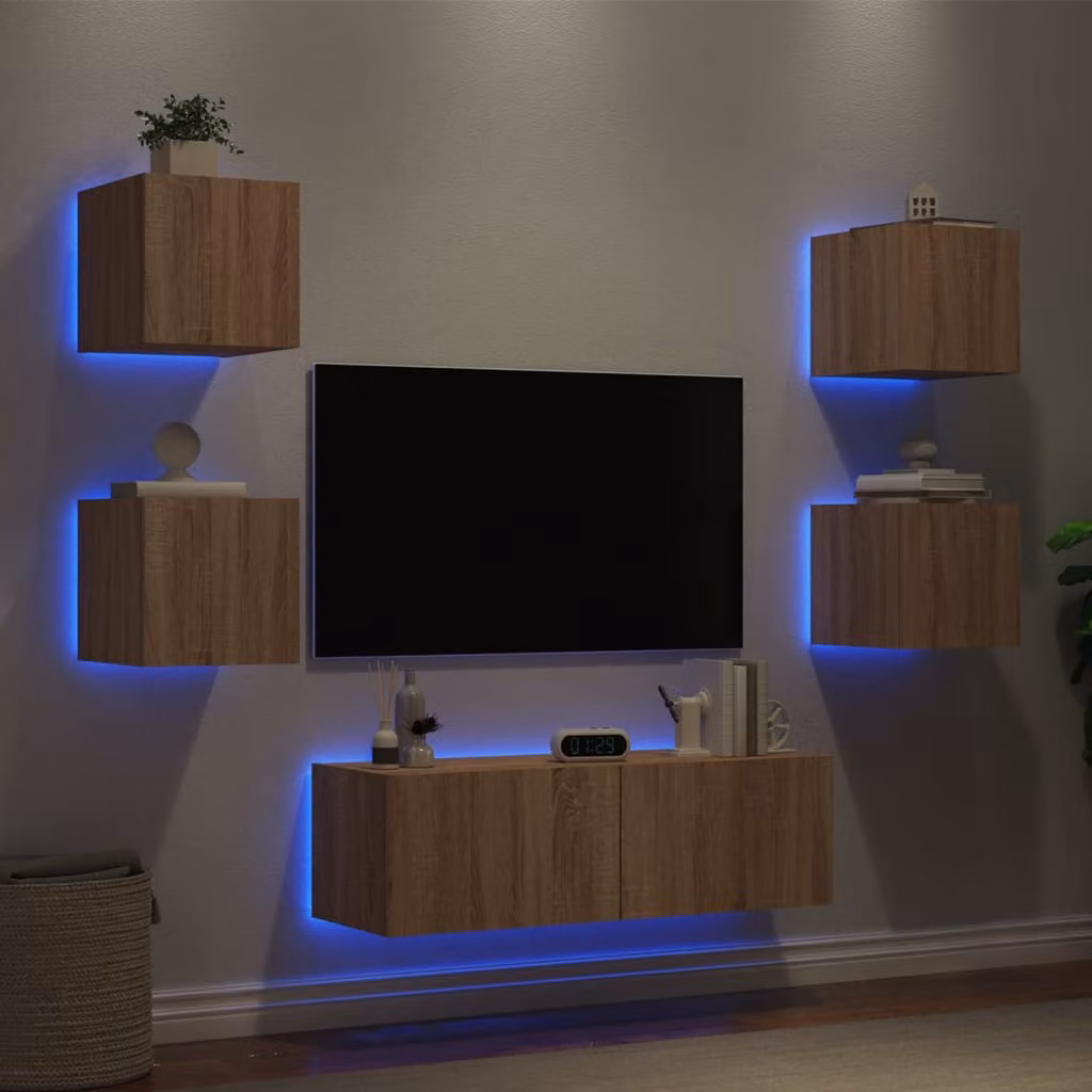 Set di mobili TV da muro vidaXL in 5 pezzi con luci LED, colore Rovere Sonoma, stile moderno – 1