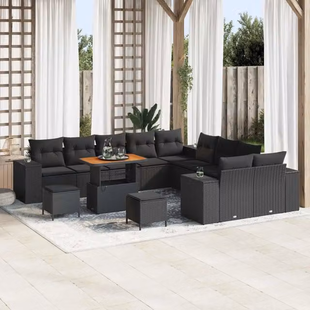 Set Divano da Giardino vidaXL a forma a U composto da 13 pezzi in rattan nero con cuscini inclusi e tavolino da caffè per esterno – 1