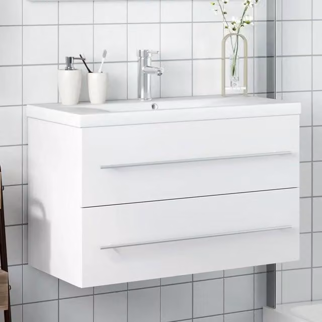Mobile da bagno moderno vidaXL sospeso in legno e ceramica bianca con lavabo e cassetti L/P/H: 80.0 x 38.5 x 48.0 cm