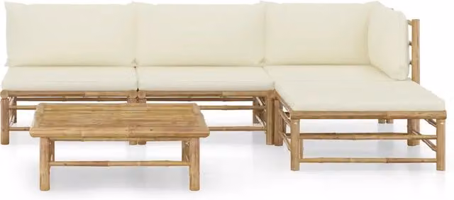 Set di Divani da Giardino a L vidaXL in Bambù con Cuscini Bianco e Beige per Terrazza e Balcone