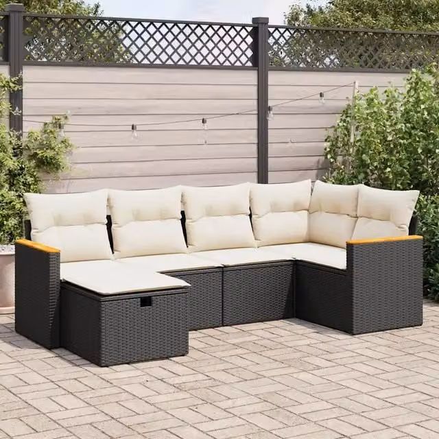 Set Divano da Giardino a L vidaXL in Polyrattan Nero con 6 Cuscini Imbottiti