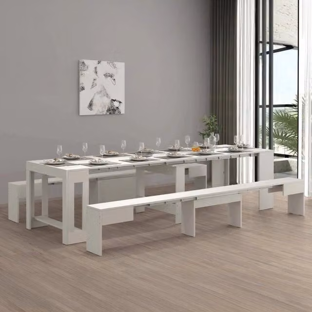 Set tavolo e panche Auditore DMORA Bianco, composizione multiuso con consolle e 2 panche allungabili, L: 66 cm, H: 45 cm
