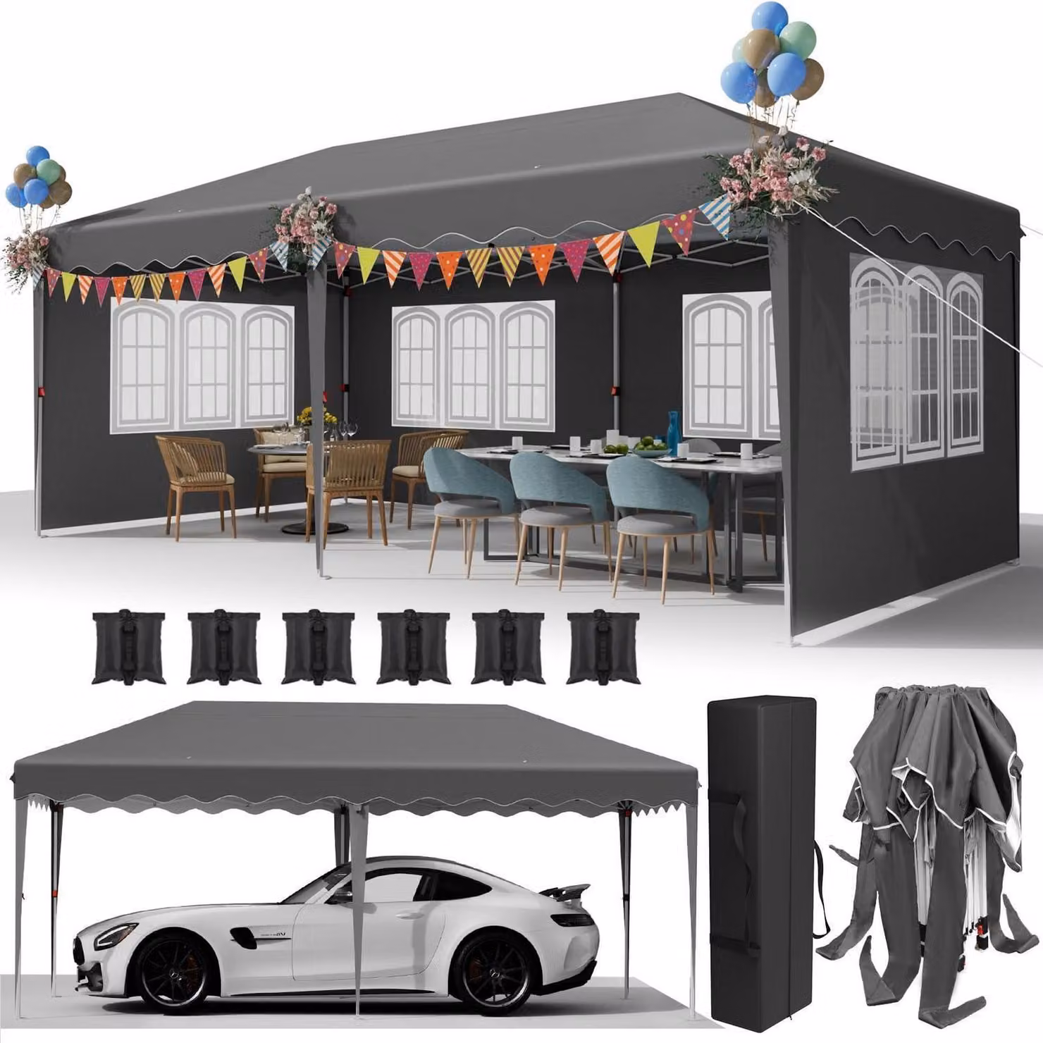 Gazebo da esterno 3x6 metri, grigio, impermeabile, con protezione UV 50+, dotato di pannelli laterali, altezza regolabile, realizzato in tessuto Oxford 420D
