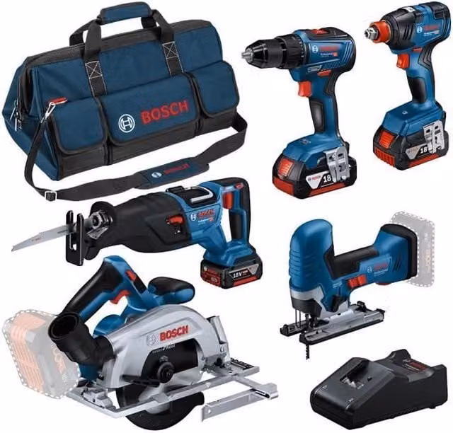 Confezione da 5 utensili: GSR 18V-55 + GST 18V-125 S + GKS 18V-57-2 + GSA 18V-28 + GDX 18V-200 + 3 batterie 4.0Ah + GAL 18V-40 + borsa L