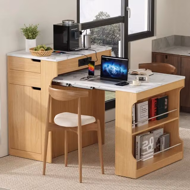 Tavolo allungabile per cucina con prese integrate due cassetti e piano bianco effetto marmo su ruote naturale