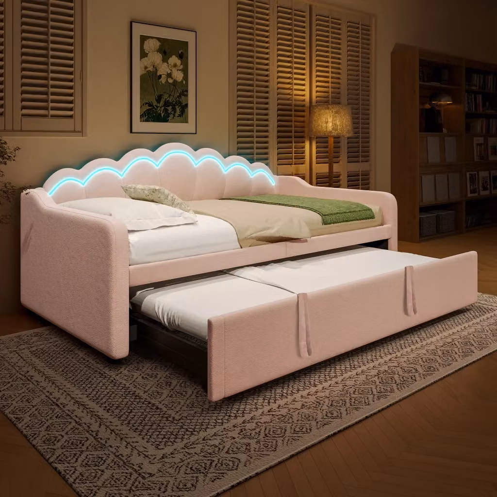 Divano letto MIVRAY in velluto rosa con letto estraibile e illuminazione LED, trasformabile da 90 x 200 cm a 180 x 200 cm – 2