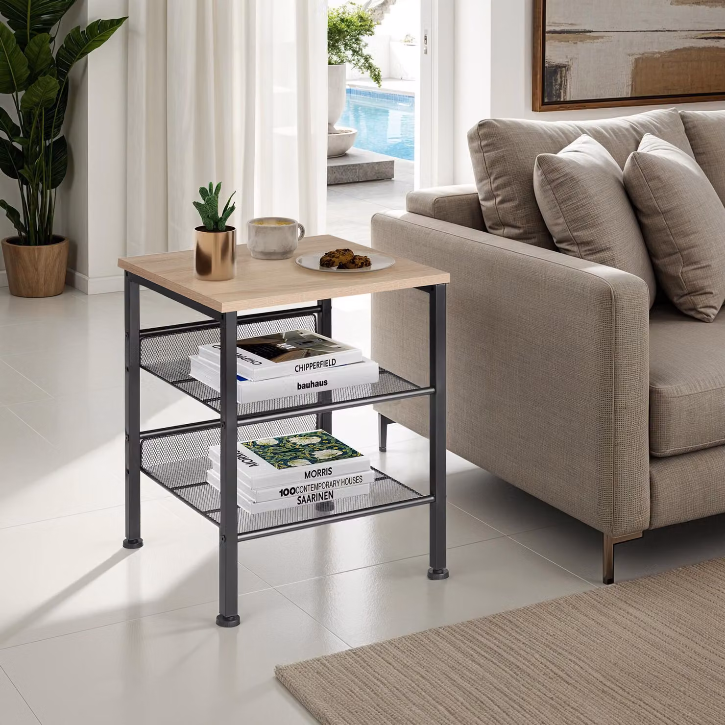 Tavolino quadrato in stile industriale tectake con finitura rovere e dettagli neri, L/P/H: 40,5 x 40 x 50,5 cm – 2