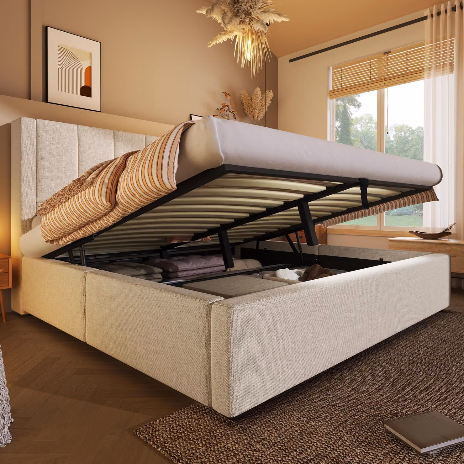 Letto imbottito idraulico Flieks 140x190cm con portabicchieri, letto contenitore letto matrimoniale con USB e Type C, letto per ragazzi con rete a doghe, lino, beige