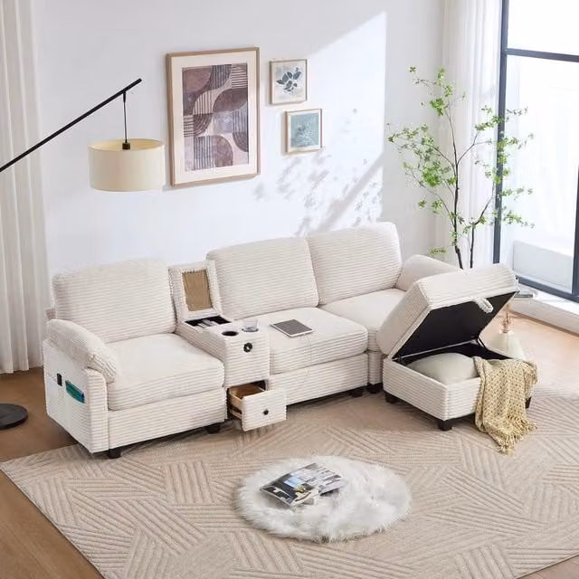Divano 3 posti con poggiapiedi e cassetti ¨C Minimal ¨C tessuto cord grigio, con porta bevande e USB