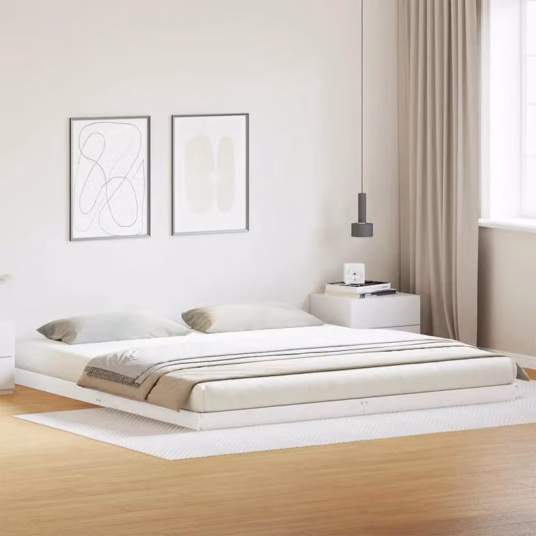 vidaXL Struttura letto a pavimento in legno di pino Bianco e Beige L: 200 cm, P: 200 cm, H: 9 cm