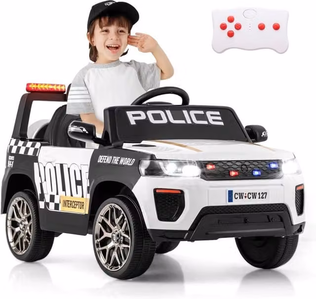 Auto della Polizia Elettrica Costway per Bambini con Telecomando, Luci LED e Suoni, Colore Bianco