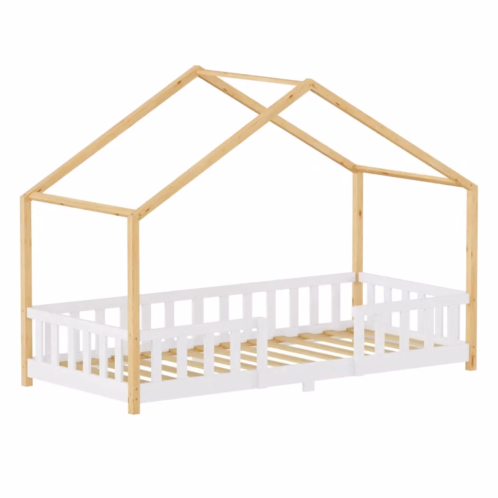 Letto per cameretta Treviolo en.casa a forma di casetta in stile Montessori, legno di pino, Bianco/Beige, L/P/H: 200 x 90 x 120 cm – 2