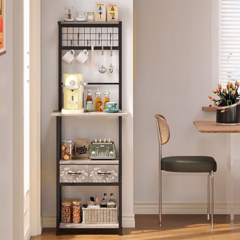 Scaffale da cucina, autoportante, con 2 cassettoni in tessuto e 5 ganci, salvaspazio (grigio, 50 x 34 x 140 cm)