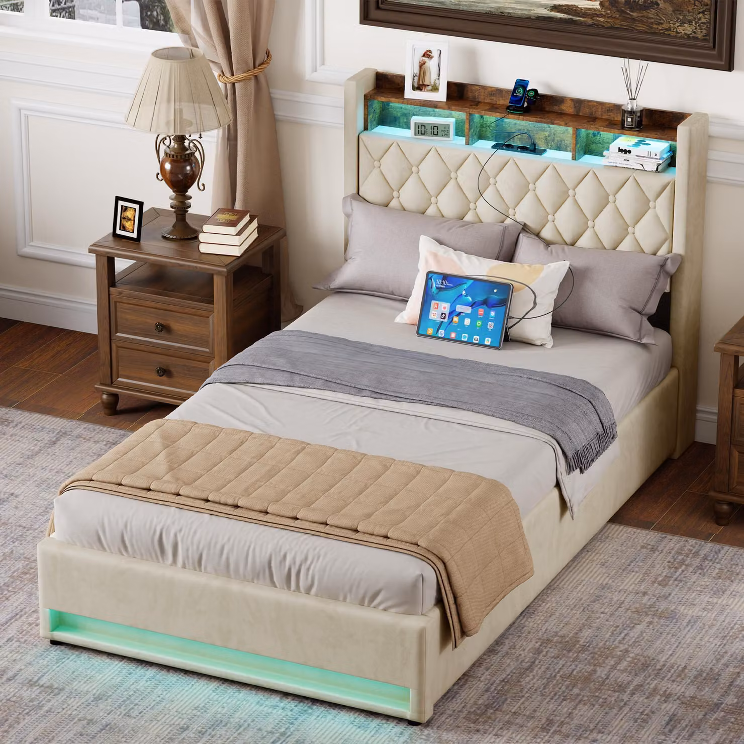 MODFU letto matrimoniale 140×190 imbottito con illuminazione a LED, USB e prese, letto contenitore per giovani con testiera e ripiano, struttura letto per camera da letto, senza materasso, beige