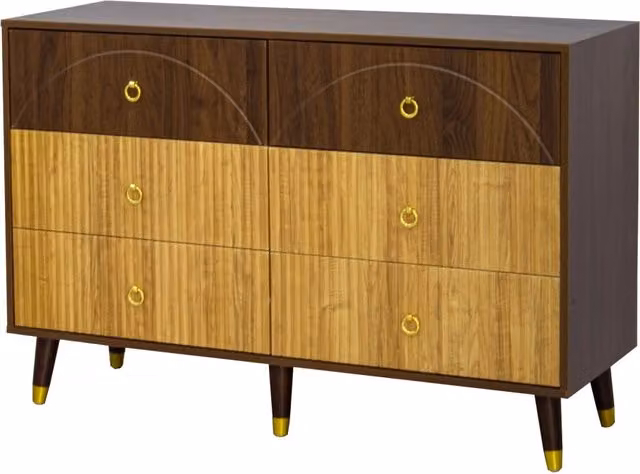 Credenza vintage con 6 cassetti in MDF color naturale e maniglie ad anello in metallo dorato L/P/H: 120 x 40 x 81 cm