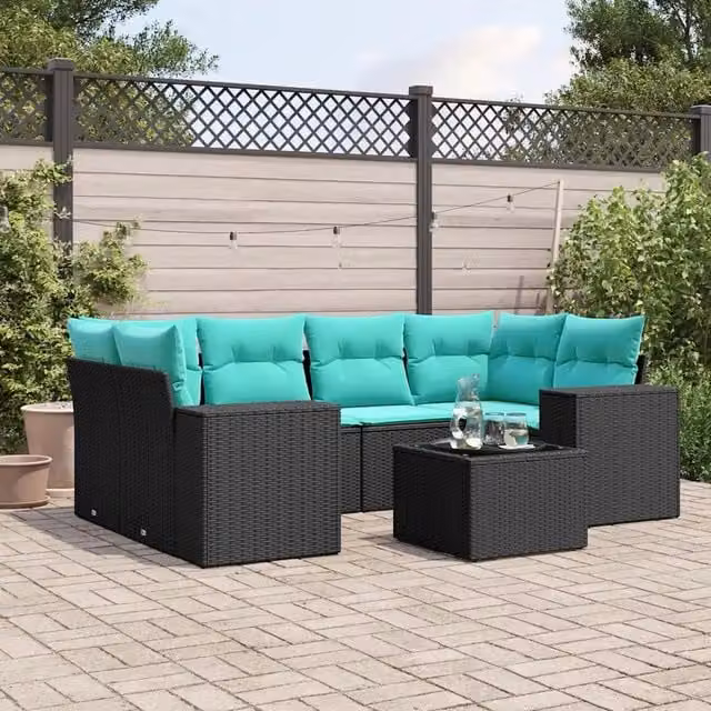 Set Divani da Giardino 7 pz con Cuscini Nero in Polyrattan 3222316