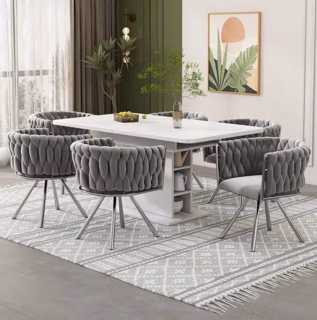 Set 6 sedie da pranzo girevoli 360° in velluto grigio con base in acciaio