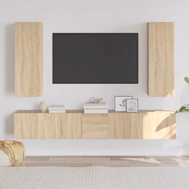 Set di mobili porta TV da 5 pezzi vidaXL in legno multistrato color rovere e beige per il tuo soggiorno – 1