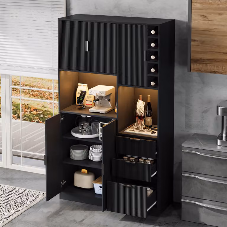 Armadio da cucina Fliek con ripiani regolabili, 3 cassetti, scaffale per bottiglie di vino e illuminazione a LED, armadio alto 105x40x180 cm, armadio per bottiglie di vino, nero