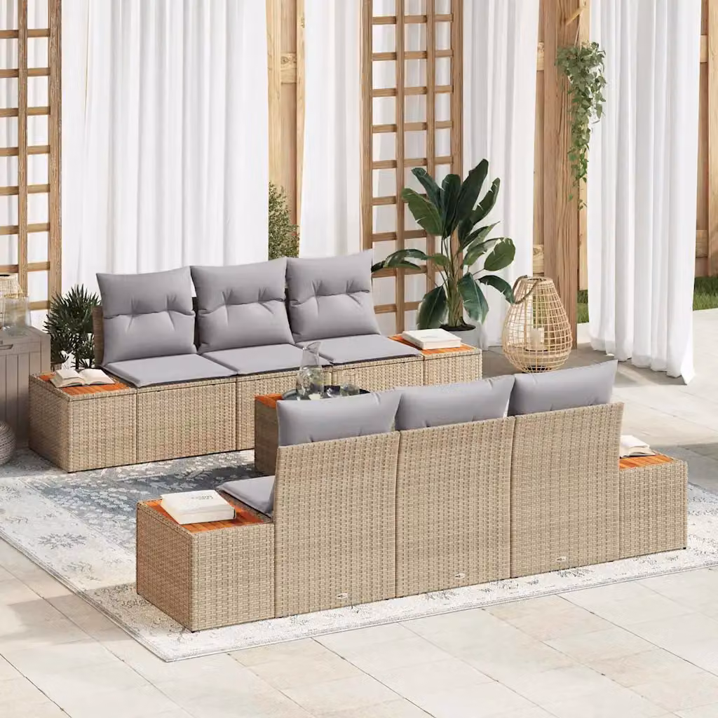 Set Divano da Giardino vidaXL 7 Pezzi Beige con Cuscini e Tavolino in Rattan e Acciaio