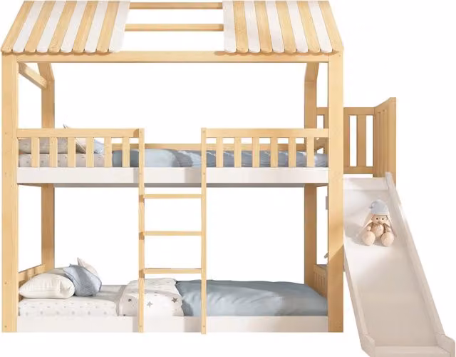 Letto a castello per bambini 90x200 cm con tetto a capanna e scivolo, struttura in legno bianco e naturale