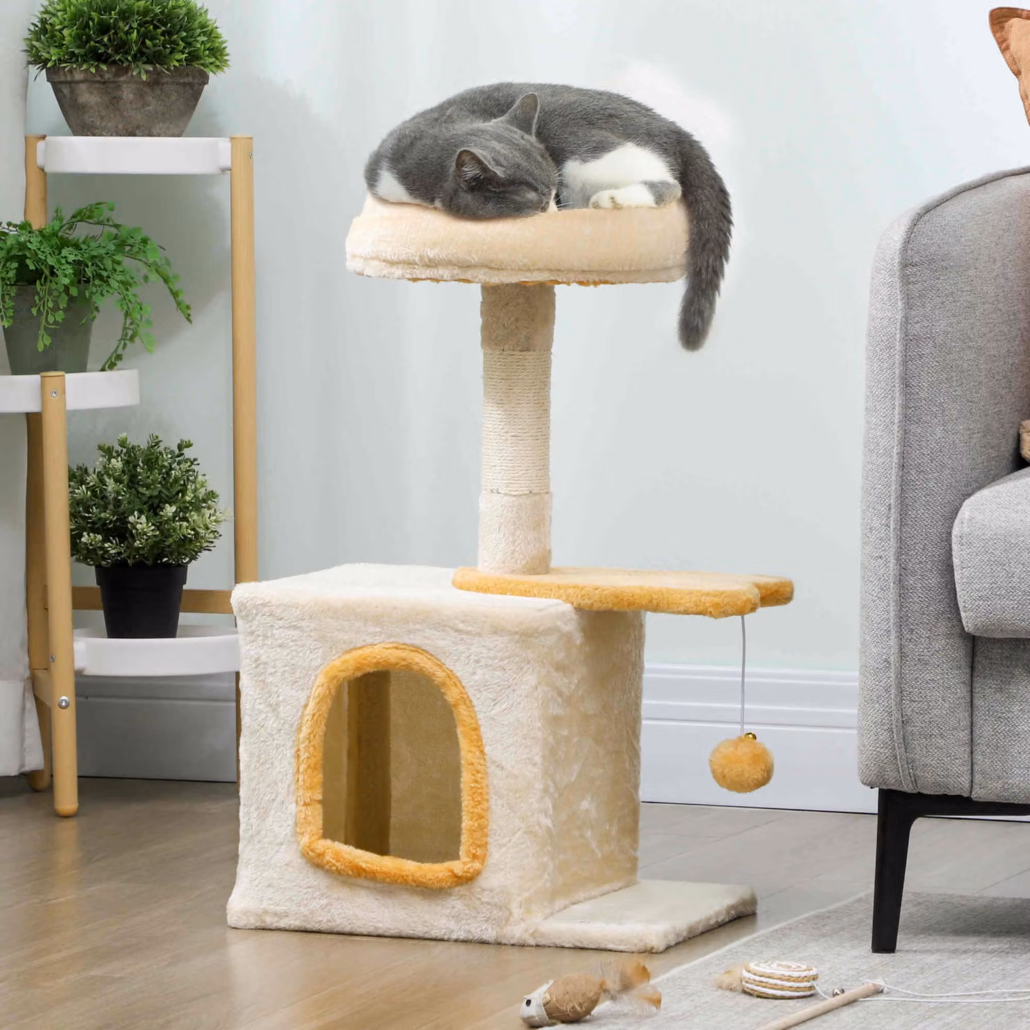 Albero Tiragraffi per Gatti PawHut con Casetta e Posatoio in Legno, Sisal e Peluche, L/P/H: 40 x 30 x 72 cm, Beige e Giallo – 2