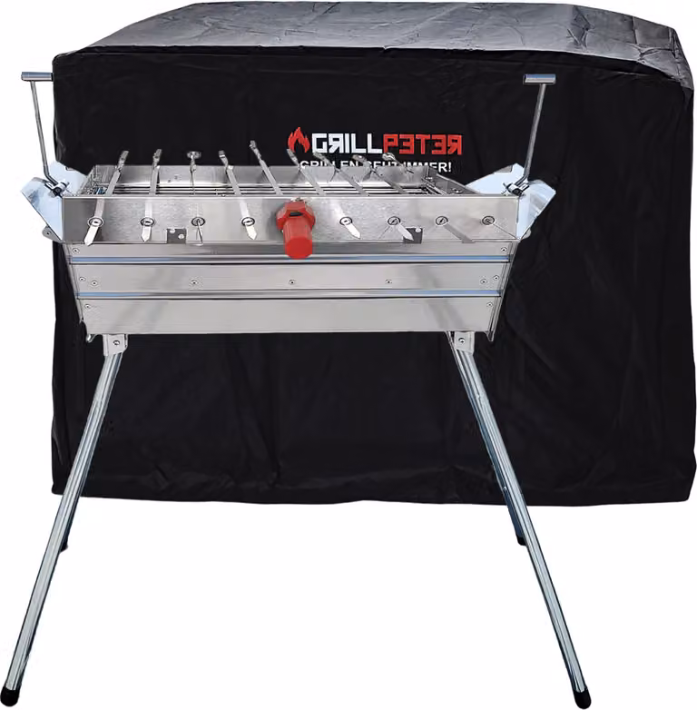 Mangal Ararat in acciaio inossidabile da 2 mm, griglia per shashlik con 9 spiedini rotanti, coperchio e motore