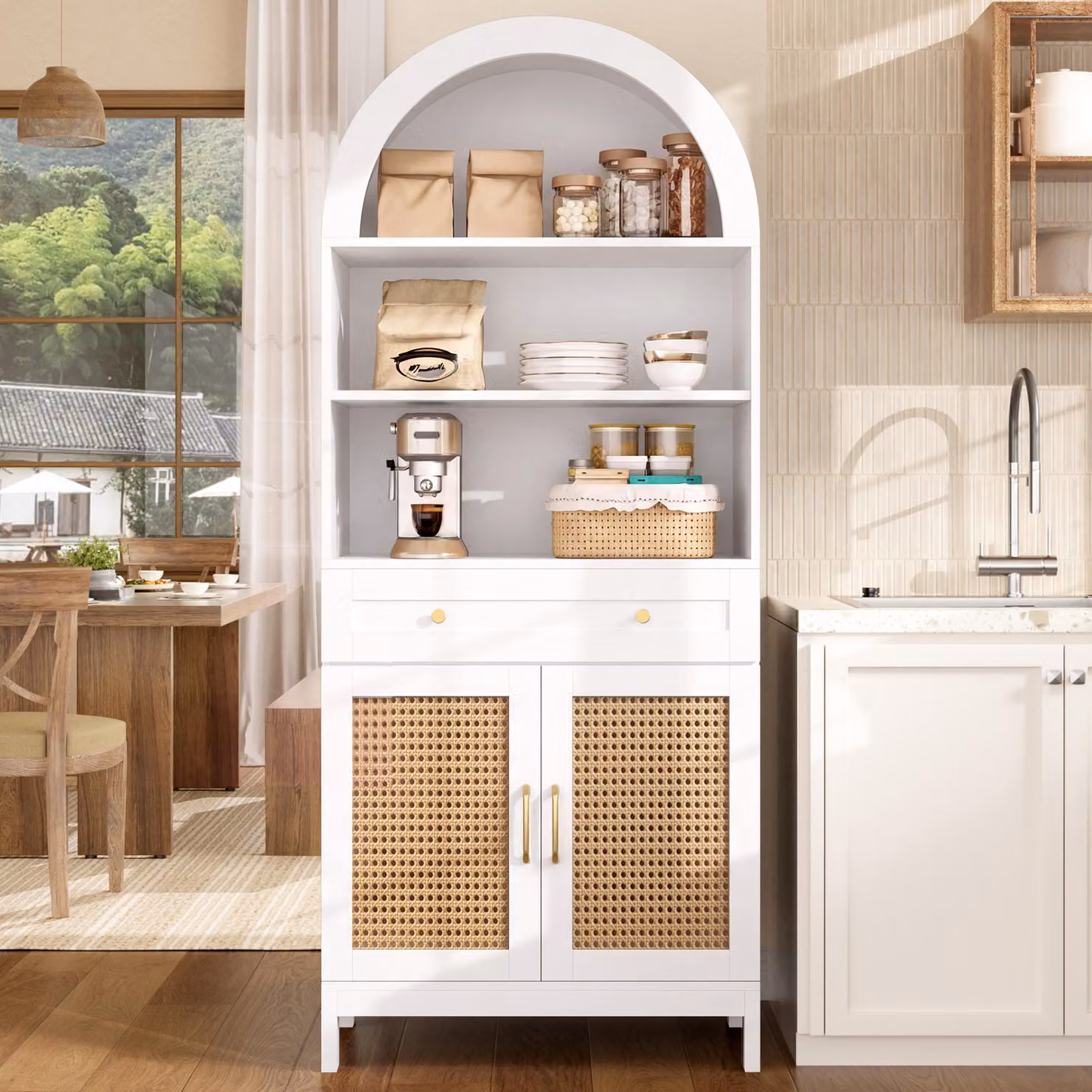 Mobiletto da cucina MODFU, 70 x 40 x 170 cm, design bombato con ante in rattan, armadietto contenitore con 3 vani aperti, un cassetto e 2 ante, ideale come mobiletto per l'ingresso, colore bianco con finitura effetto legno