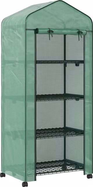 Serra per piante Outsunny a 4 livelli con 4 rotelle e ingresso avvolgibile, in acciaio e PE, Verde, L: 69 cm, P: 50 cm, H: 165 cm