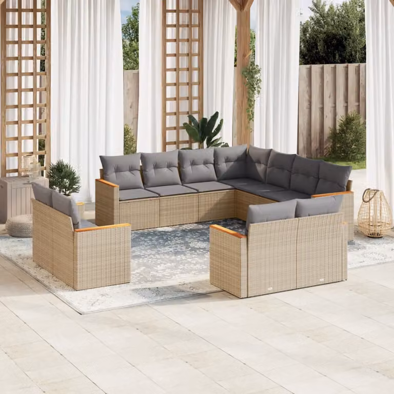 Set di divani da giardino vidaXL in polyrattan beige con cuscini, design moderno a forma di U per esterno