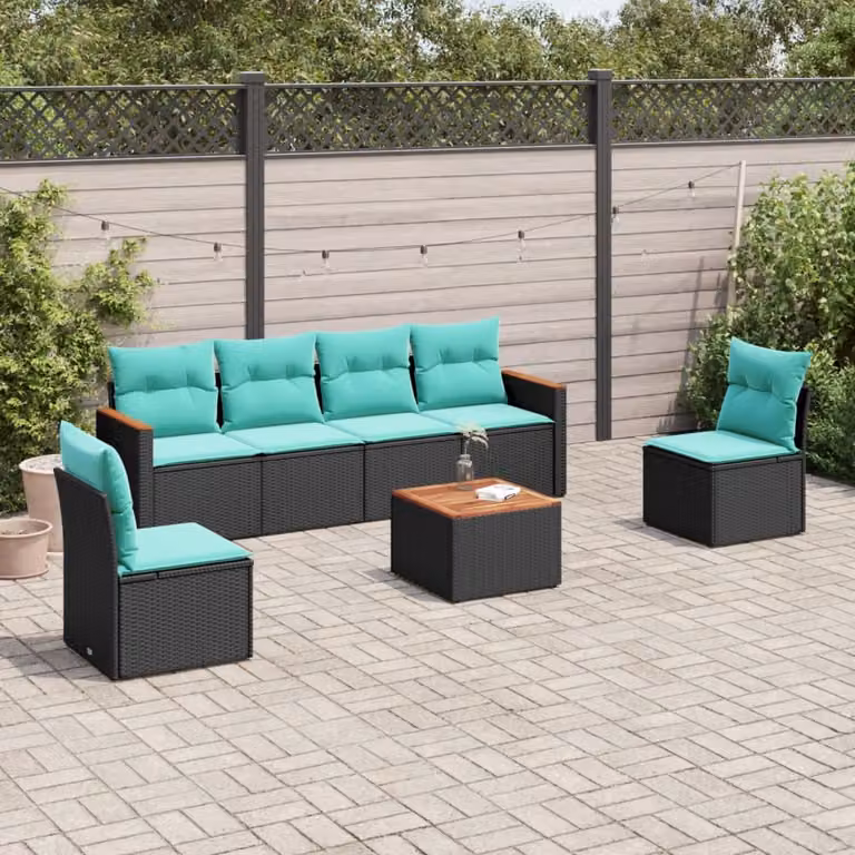 Set da giardino vidaXL composto da 7 pezzi con cuscini blu e struttura in rattan e metallo nero