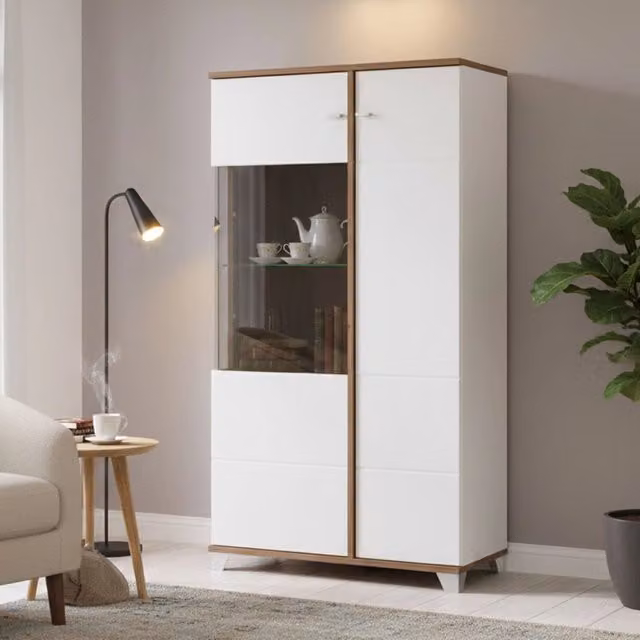 Mobile Espositore Vetrina DMORA con 4 Ripiani e Ante in Vetro, Bianco, H 143 x L 78.5 x P 40 cm