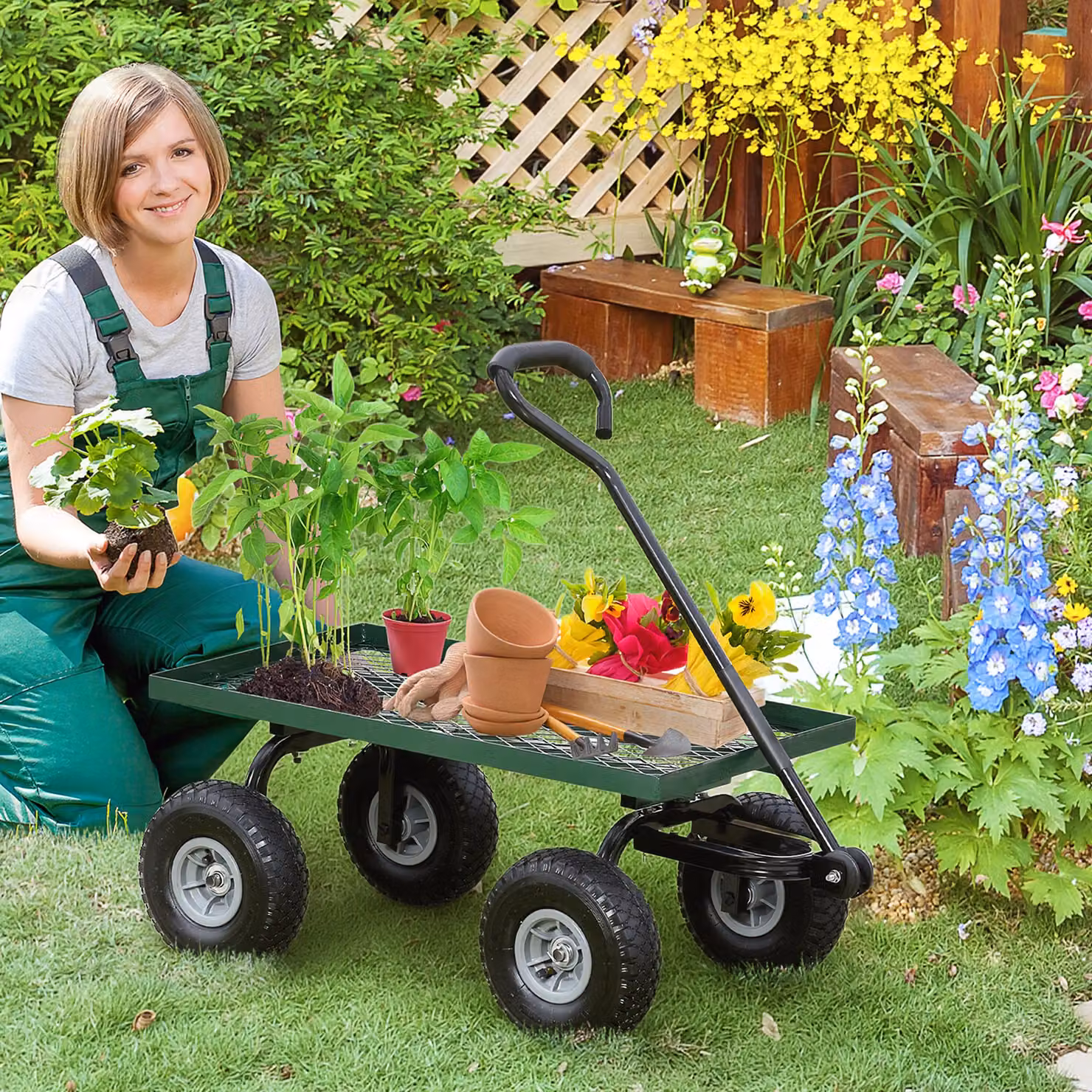 Outsunny Carrello da Giardino in Acciaio con Maniglia Rivestita, L/P/H: 94 x 48,5 x 100 cm, Nero e Verde – 2