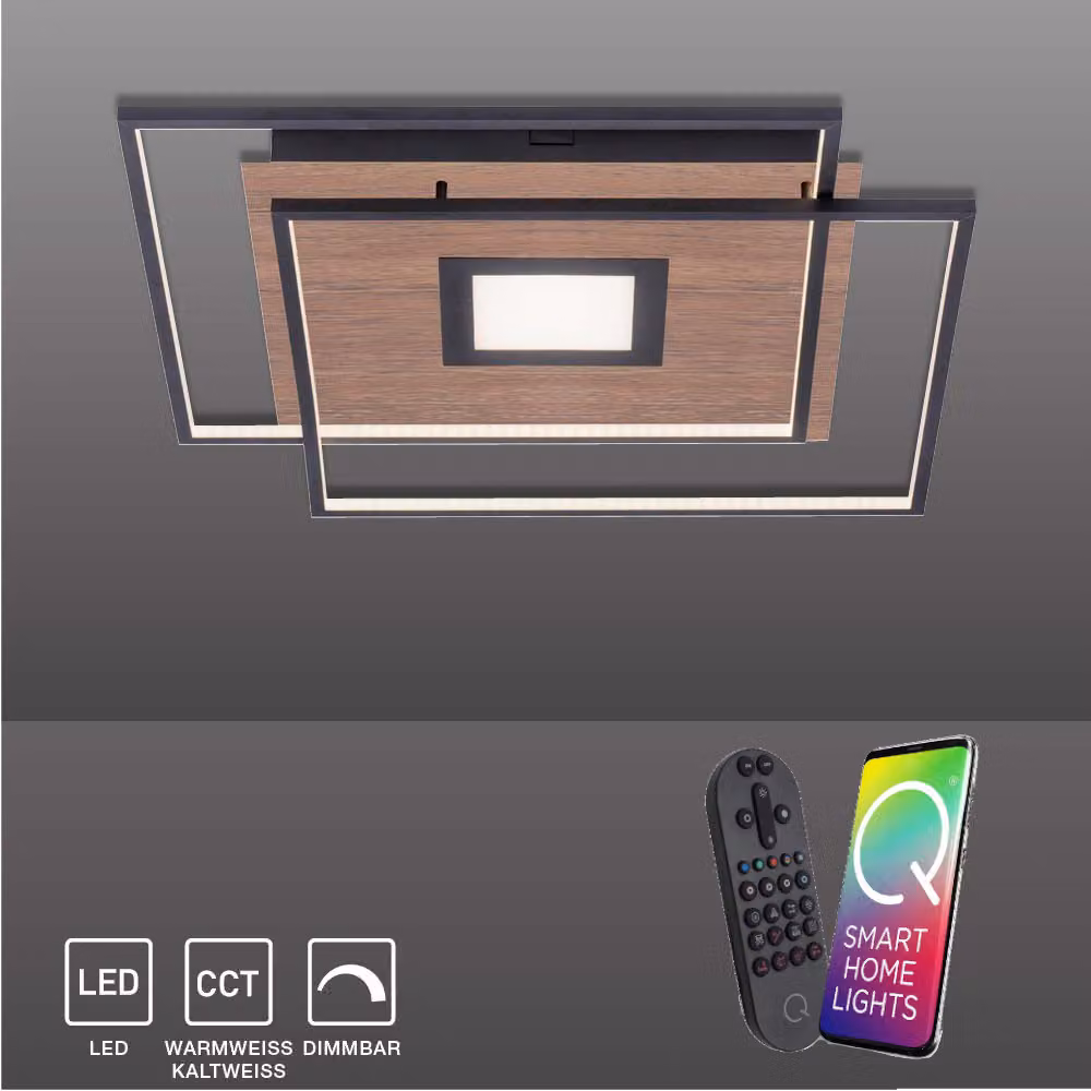 Selltec LED lampada da soffitto Q-AMIRA CCT cambio di colore della luce, telecomando dimmerabile, arredamento APP in legno soggiorno, camera da letto 8379-78, 8379-18, 8379-55